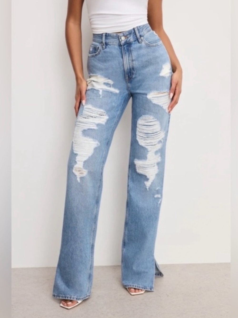 Good American Light Blue Distressed High-Rise Wide Leg Jeans